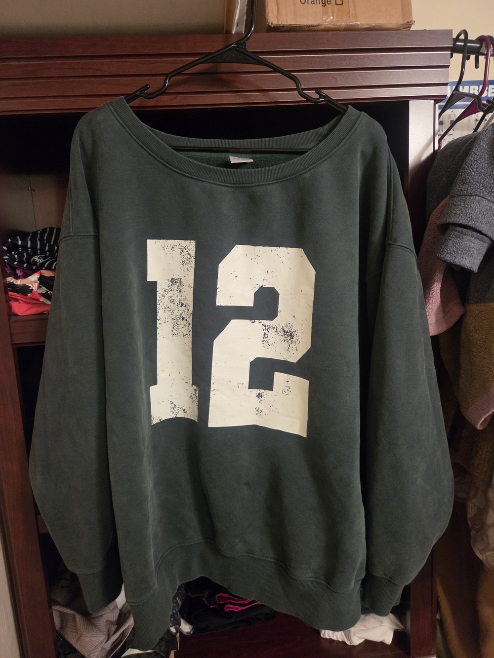 Oversizex Olive Green Crew Off The Shoulder Sweatshirt with White '12' Graphic